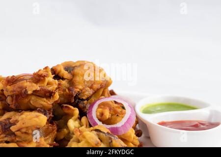 Delicious Crispy Indian Street Food With Various Names Like Onion Bhajji Pyaj Pakora Or Pakore Pyaaj Ke Pakode Or Pakoda Kanda Bhaji Pyaaz Bajji Serve Stock Photo