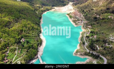 Barcis lake in a panoramic aerial view from above during sunny day at Valcellina-Pordenone,place to visit on Dolomites