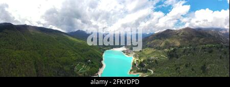 Barcis lake in a panoramic aerial view from above during sunny day at Valcellina-Pordenone,place to visit on Dolomites