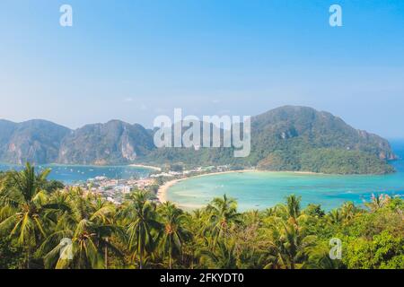 Viewpoint lookout over holiday resort destination Tonsai bay beach and Koh Phi Phi Don in the Phi Phi Islands on the Andaman Sea in Thailand. Stock Photo