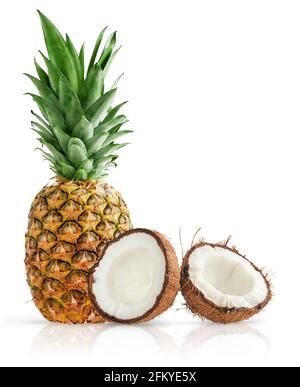 Pineapple and coconut halves isolated on white background with clipping path. Stock Photo