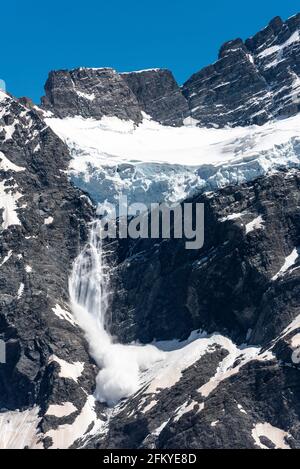 Detail picture of an avalanche starting at Mount Sefton, Mount Cook National Park, South Island of New Zealand Stock Photo