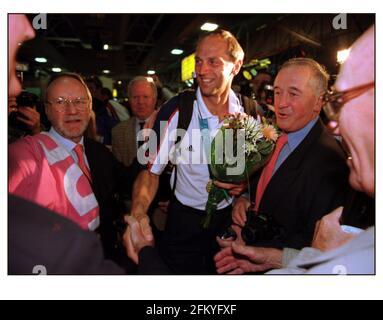 British Olympic Medalists arrive home at Heathrow airport....Steve Redgrave Coxless Four Rowing. Stock Photo