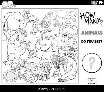 Black and white illustration of educational counting task for children with cartoon animals characters group coloring book page Stock Vector