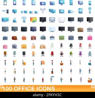 100 office icons set. Cartoon illustration of 100 office icons vector set isolated on white background Stock Vector