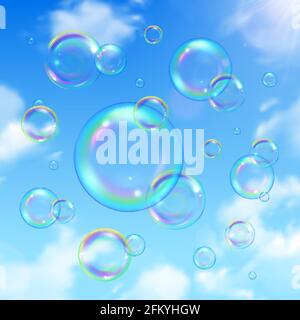 Soap bubbles and sky realistic background with sun shining vector illustration Stock Vector