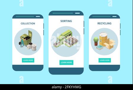 Waste sorting bins garbage collecting recycling 3 isometric smartphone screens compositions mobile app designs vector illustration Stock Vector