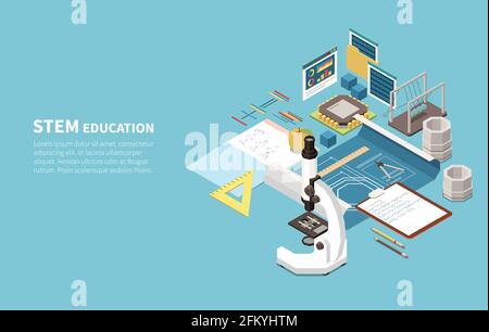 STEM education isometric composition with natural science electron microscope technology engineering construction blocks mathematics notebook vector i Stock Vector