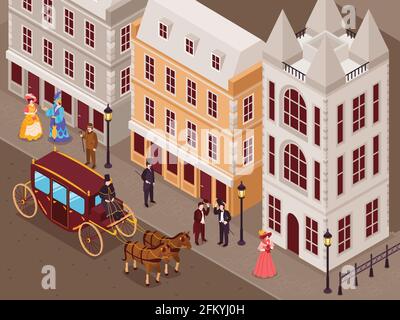 Victorian era street with city houses gentlemen ladies in fashionable crinoline skirts carriage isometric view vector illustration Stock Vector