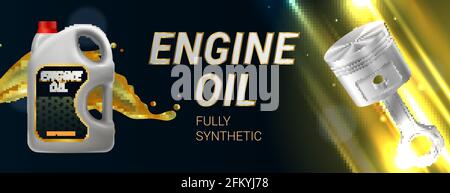Engine oil advertising realistic horizontal illustration with plastic container piston and fully synthetic text vector illustration Stock Vector