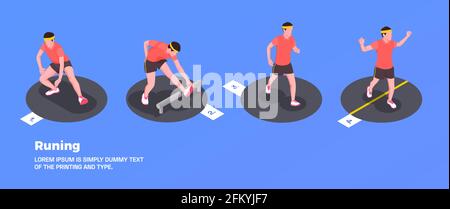 Running and training people set with fitness symbols on blue background isometric isolated vector illustration Stock Vector