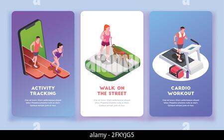 Running people vertical banners set with activity tracking symbols  isometric isolated vector illustration Stock Vector