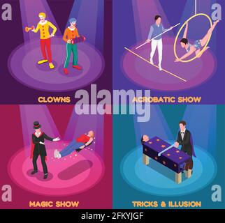 Circus show concept isometric icons set with clown and magic show symbols isolated vector illustration Stock Vector