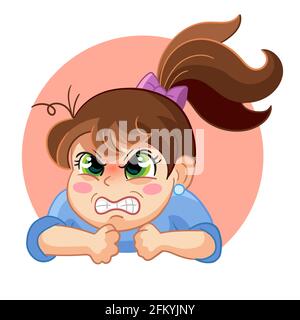 Cute angry girl face emotion vector illustration. Cartoon character. Vector illustration isolated on white. For avatar, stickers, print and design, po Stock Vector