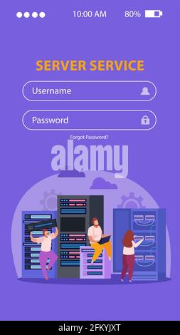 Flat background with log in form and system administrators fixing problems in server room vector illustration Stock Vector