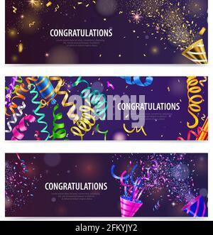 Night party celebrations popper serpentine confetti 3 realistic festive background horizontal congratulation banners isolated vector illustration Stock Vector