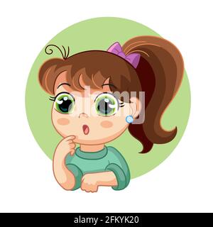 Cute surprised girl face emotion vector illustration. Cartoon character. Vector illustration isolated on white. For avatar, stickers, print and design Stock Vector