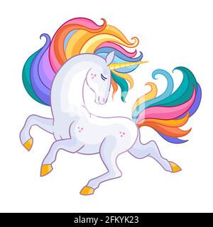 Beatiful unicorn with rainbow mane. Cartoon character. Vector illustration isolated on white background. For print and design, posters, cards, sticker Stock Vector