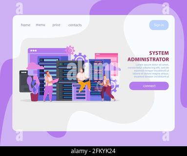Flat landing page with system administrators working on laptops vector illustration Stock Vector