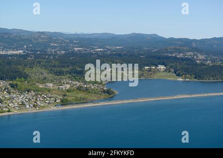 Aerial photograph of the Esquimalt Lagoon and Colwood. Royal Roads University is located at the back of the lagoon, Vancouver Island, British Columbia Stock Photo