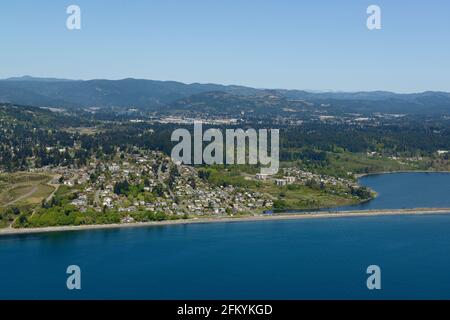 Aerial photograph of the Esquimalt Lagoon and Colwood. Royal Roads University is located at the back of the lagoon, Vancouver Island, British Columbia Stock Photo