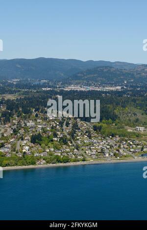 Aerial photograph of the Esquimalt Lagoon and Colwood. Royal Roads University is located at the back of the lagoon, Vancouver Island, British Columbia Stock Photo