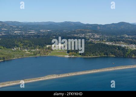 Aerial photograph of the Esquimalt Lagoon and Royal Roads University, Vancouver Island, British Columbia Stock Photo