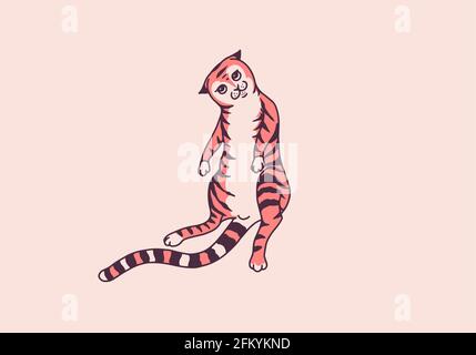 Cute cat. Washing, playing animal. Cute color Domestic kitty. Hand drawn engraved sketch for banner or t-shirt. Monochrome Vector outline vintage Stock Vector