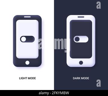 Mobile phones with dark and light Mode switcher for phone screens, tablets and computers. Enable and disable button. 3d vector illustration Stock Vector