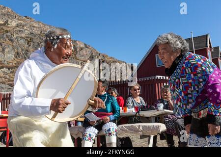 Traditional dance performed by Inuit elders in full regalia in Sisimiut, Holsteinsborg, Greenland. Stock Photo