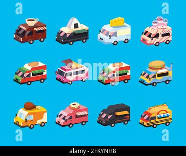 food trucks vehicles icon bundle Stock Vector