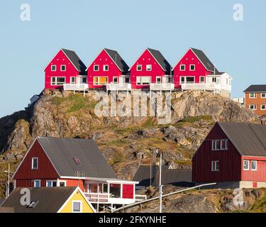 Colorful houses in Sisimiut, in Danish Holsteinsborg, on Davis Strait, the second-largest city in Greenland. Stock Photo