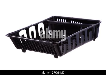 Black Plastic Dish Drainer; On White Background. Stock Photo