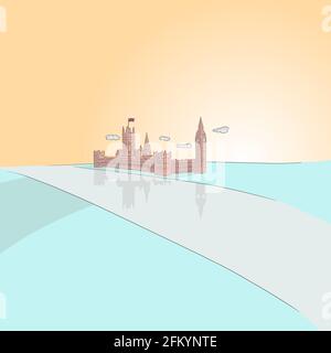 Big Ben and House of Parliament and River Thames in London, the UK at sunset or sunrise with pastel color hand drawn illustration vector. Stock Vector