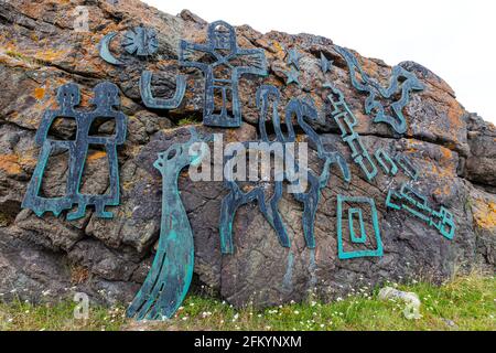 Iron sculptures at the reconstruction of Erik the Red’s Norse settlement at Brattahlid, southwestern Greenland. Stock Photo