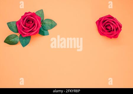 Plain Pastel Orange Background With Copy Space In The Middle And Red Roses On Borders At The Top Stock Photo Alamy