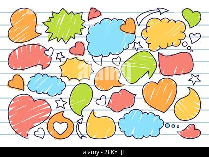 Speech bubble sketch doodle set, background line notebook. Pop art design elements dialog clouds for text, love banner. Speech thought blobs icon comics book. Hand drawn cartoon vector illustration Stock Vector