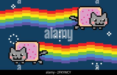 Space cat and rainbow vector meme. Colorful 8 bit pixel art. Flat digital vector illustration Stock Vector