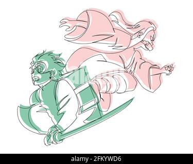Samurai boy and girl in modern artistic one line art drawing and simple 2 color silhouette. Flat digital vector illustration isolated on white backgro Stock Vector