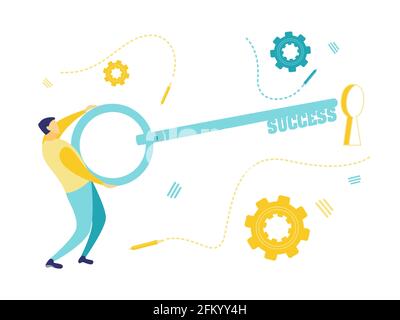 Flat illustration of the businessman holds the key to success to be inserted into the keyhole. Businessman in team and teamwork concept. Stock Vector