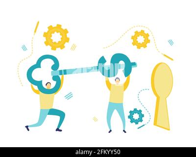 Flat illustration of two businessmen holding a dollar key to insert into the keyhole. Teamwork concept. Business and finance concepts. Stock Vector