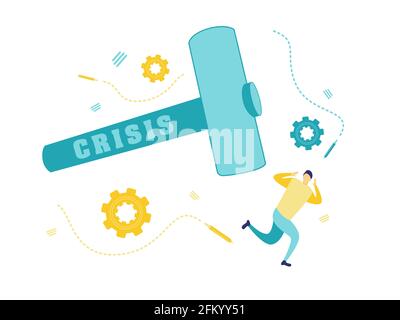 Flat illustration of a businessman trying to run from the hammer of the crisis. Simple illustration in blue and yellow. Business and finance concepts. Stock Vector