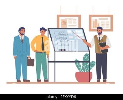 Construction engineer, architect giving presentation of architectural project of house building, vector illustration. Stock Vector