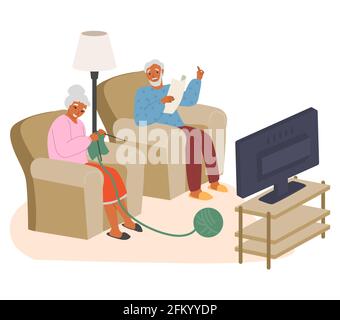Elderly couple watching tv, knitting, reading sitting in armchairs, flat vector illustration. Home leisure activities. Stock Vector