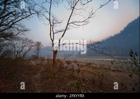 Camping ground near Chuka Village at the confluence of Sarda and Ladhya rivers, made famous by Jim Corbett in the book Maneaters of Kumaon, India Stock Photo