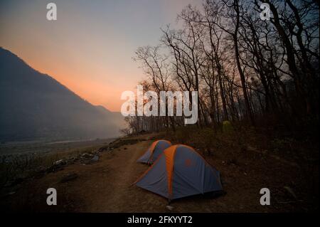 Camping ground near Chuka Village at the confluence of Sarda and Ladhya rivers, made famous by Jim Corbett in the book Maneaters of Kumaon, India Stock Photo