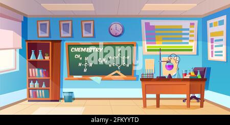 Chemistry cabinet, empty classroom laboratory interior with chemical formula on blackboard, beakers for experiments on desk, furniture and school supplies. Educational room cartoon vector illustration Stock Vector