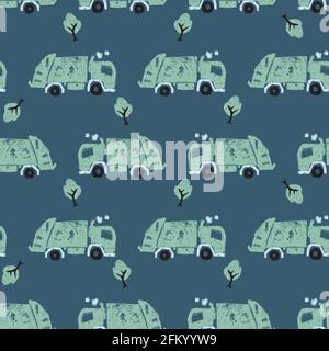 Vector dark blue pen skech rows of cute green garbage trucks seamless pattern. Suitable for textile, gift wrap and wallpaper. Stock Vector