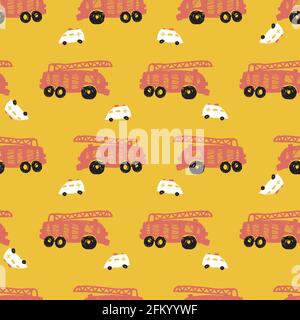 Vector yellow pen skech rows of cute fire truck and ambulance seamless pattern. Suitable for textile, gift wrap and wallpaper. Stock Vector