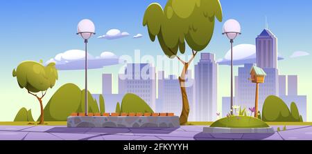 City park with green trees and grass, wooden bench and town buildings on skyline. Vector cartoon summer landscape of empty public garden with lanterns and birdhouse Stock Vector